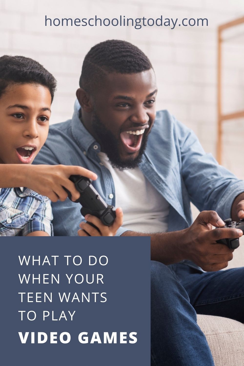 Pinterest pin showing a father and son playing video games together